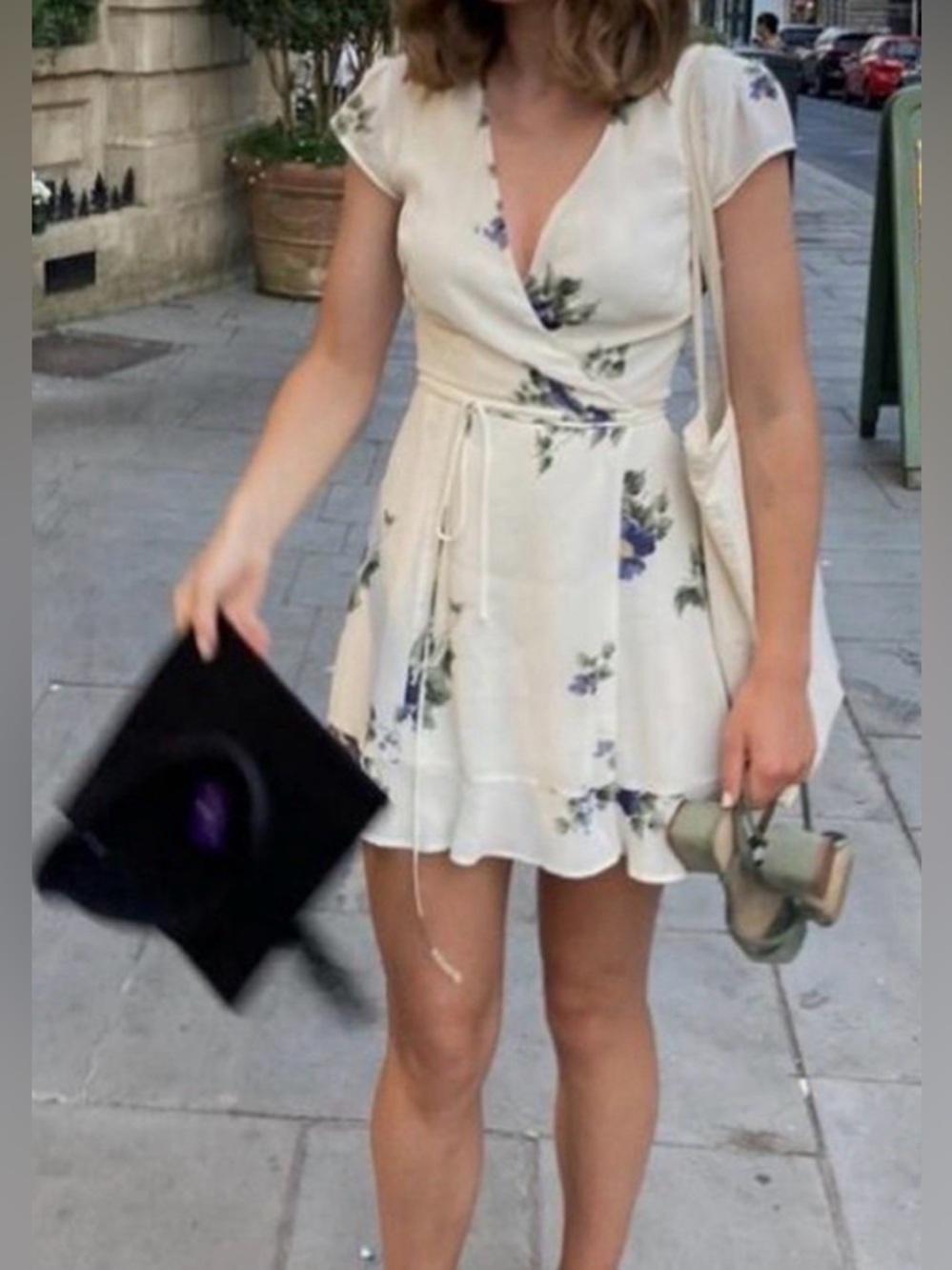 Reformation Cream Floral Wrap Mini Dress with Purple Blossoms